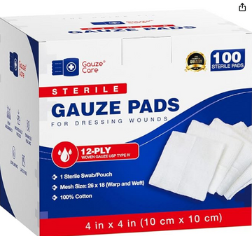 100pc Large Gauze Pads 4x4 Sterile for Wounds Bulk - 12ply Woven USP IV Thick Breathable Mesh Gauze Sponges for Enhanced Absorption - First Aid Medical